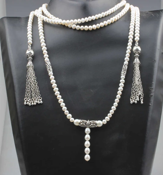 925 Ayar Gümüş İncili Özel Tasarım Püsküllü Kolye - Resim 4