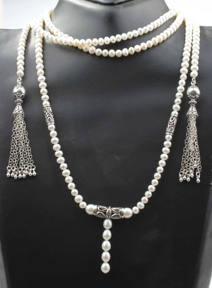 925 Ayar Gümüş İncili Özel Tasarım Püsküllü Kolye - Resim 6