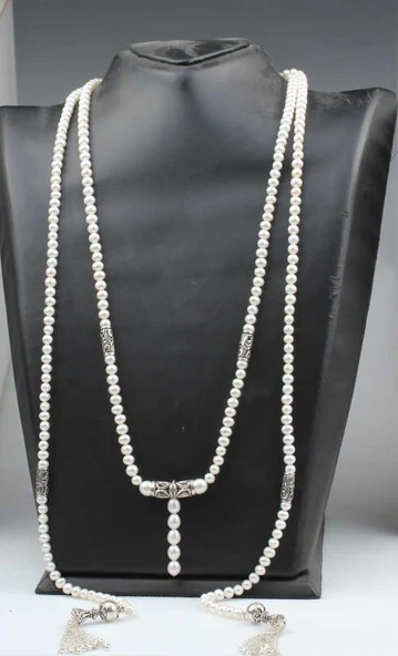 925 Ayar Gümüş İncili Özel Tasarım Püsküllü Kolye - Resim 5