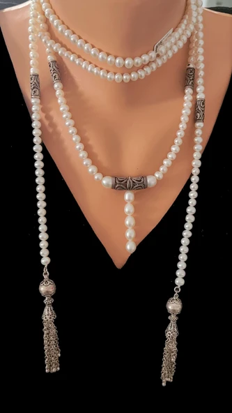 925 Ayar Gümüş İncili Özel Tasarım Püsküllü Kolye ürün görseli