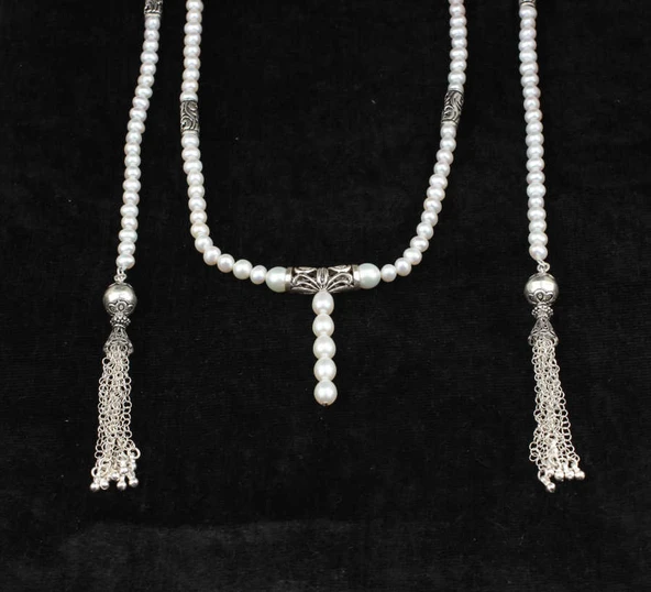 925 Ayar Gümüş İncili Özel Tasarım Püsküllü Kolye - Resim 7