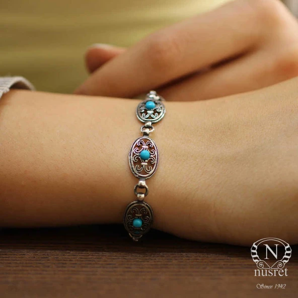 925 Ayar Gümüş Siyah Rodajlı Turkuaz Taşlı Antik Bileklik ürün görseli
