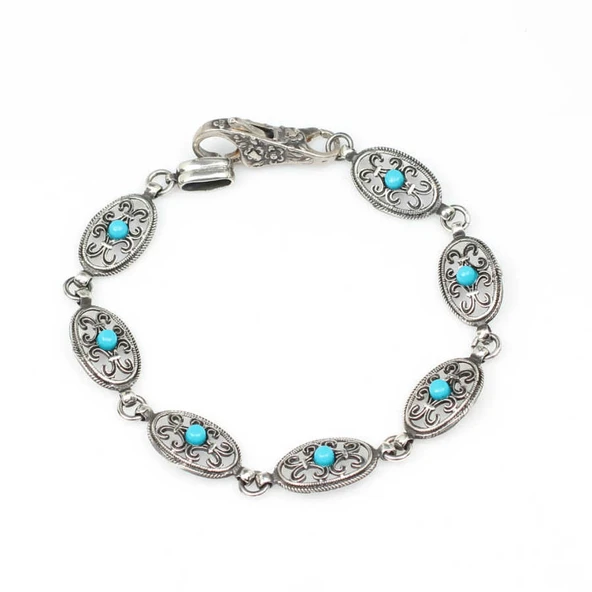 925 Ayar Gümüş Siyah Rodajlı Turkuaz Taşlı Antik Bileklik - Resim 5
