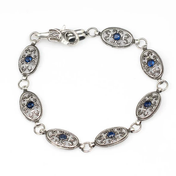 925 Ayar Gümüş Siyah Rodajlı Kök Safir Taşlı Antik Bileklik - Resim 3