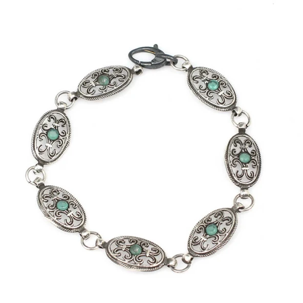 925 Ayar Gümüş Siyah Rodajlı Kök Zümrüt Taşlı Antik Bileklik ürün görseli