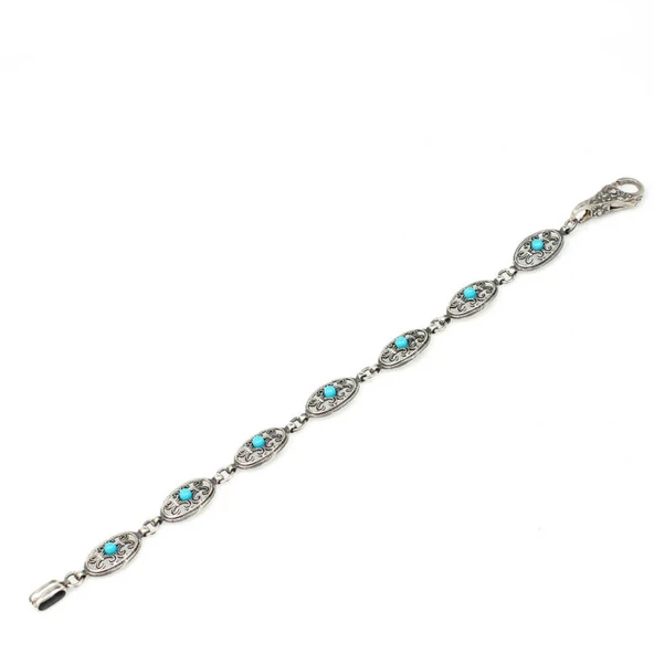 925 Ayar Gümüş Siyah Rodajlı Turkuaz Taşlı Antik Bileklik - Resim 4