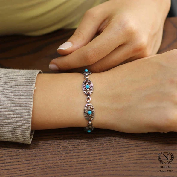 925 Ayar Gümüş Siyah Rodajlı Turkuaz Taşlı Antik Bileklik - Resim 2