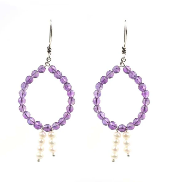 925 Ayar Gümüş Ametist ve İnci Taşlı Küpe - Resim 2