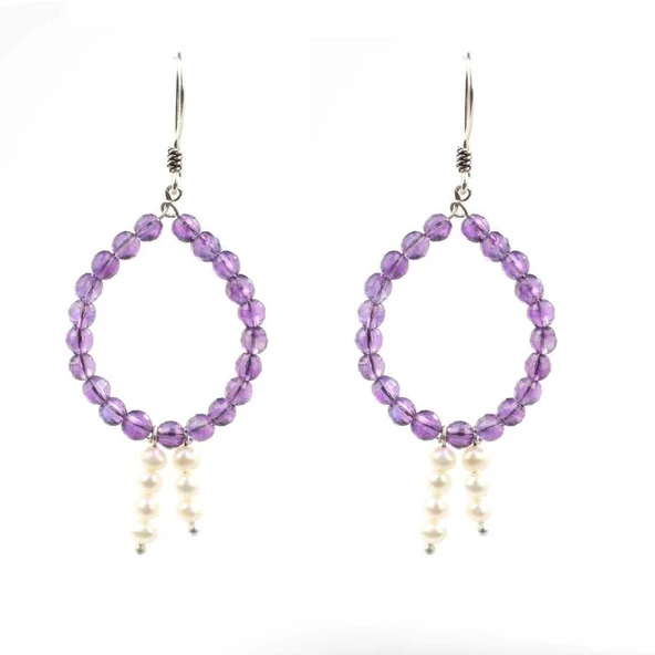 925 Ayar Gümüş Ametist ve İnci Taşlı Küpe - Resim 3