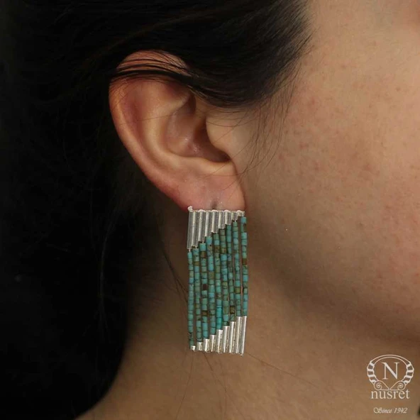 925 Ayar Gümüş 9 Sıra Turkuaz Taşlı Küpe - Resim 9