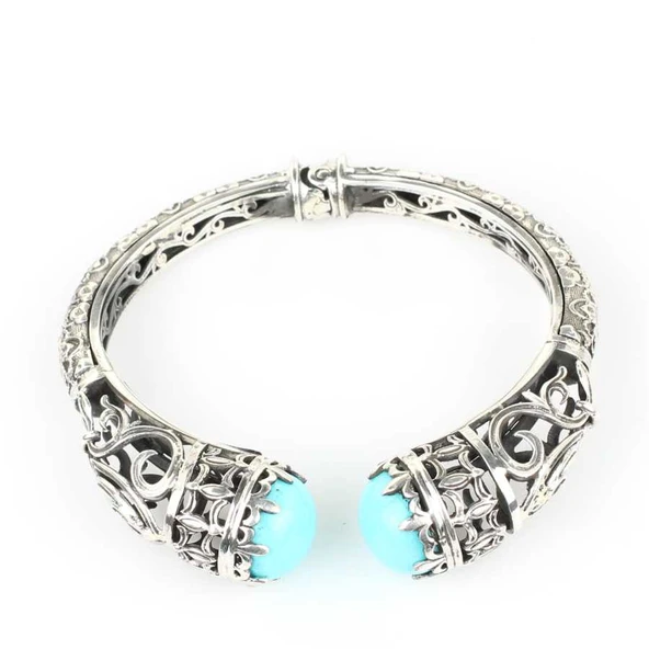 925 Ayar Gümüş Turkuaz Taşlı Antik Tasarım Bileklik - Resim 2