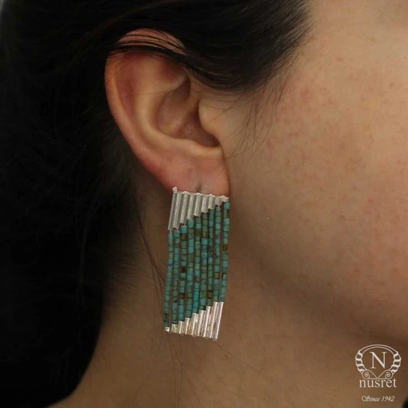 925 Ayar Gümüş 9 Sıra Turkuaz Taşlı Küpe - Resim 8