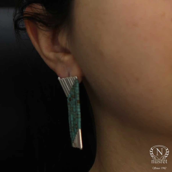 925 Ayar Gümüş 9 Sıra Turkuaz Taşlı Küpe - Resim 7