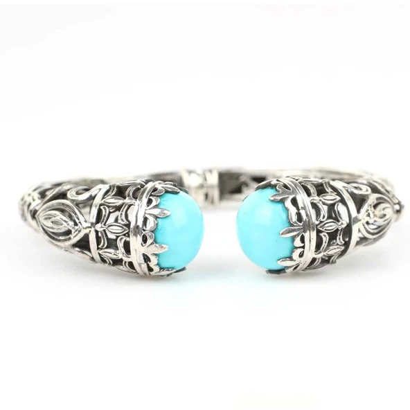 925 Ayar Gümüş Turkuaz Taşlı Antik Tasarım Bileklik - Resim 3