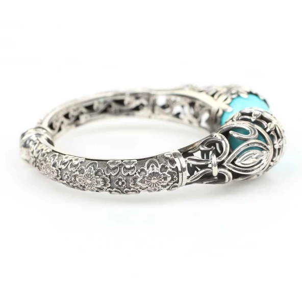 925 Ayar Gümüş Turkuaz Taşlı Antik Tasarım Bileklik - Resim 5