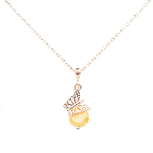 925 Ayar Gümüş Buzlu Limon Quartz Taşlı Kelebek Kolye - Resim 3