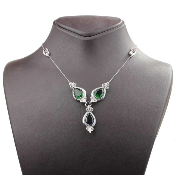 925 Ayar Gümüş Damla Zümrüt ve Safir Taşlı Y - Kolye - Resim 5