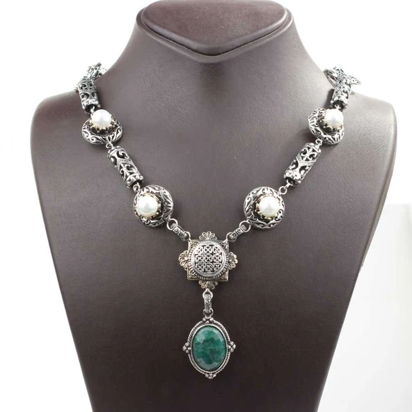 925 Ayar Gümüş  Zümrüt Taşlı Antik Bizans Kolye - Resim 3