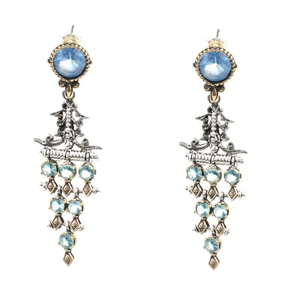 925 Ayar Gümüş Antik Üçgen Tasarım Mor Akuamarin Taşlı Küpe - Resim 2