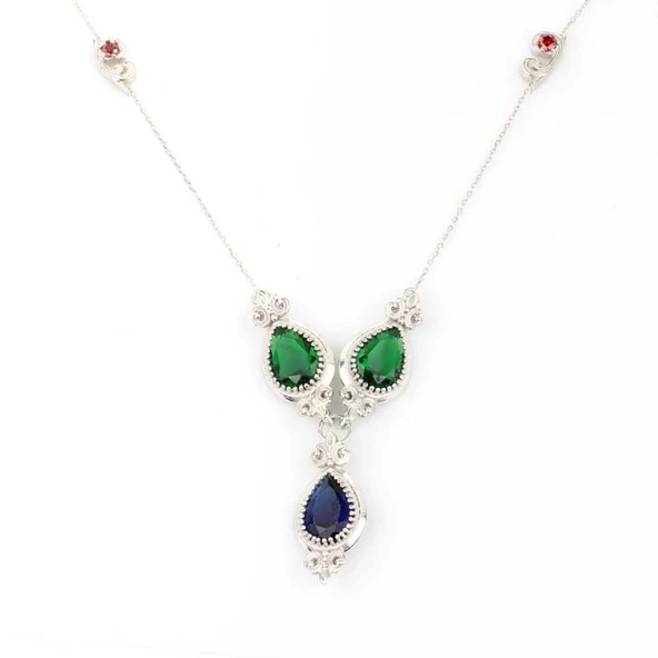 925 Ayar Gümüş Damla Zümrüt ve Safir Taşlı Y - Kolye ürün görseli