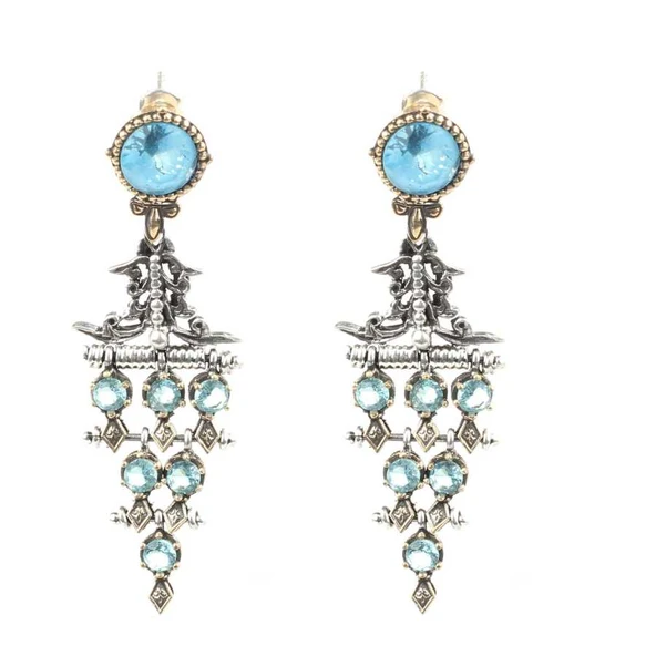 925 Ayar Gümüş Antik Üçgen Tasarım Akuamarin Taşlı Küpe ürün görseli 1