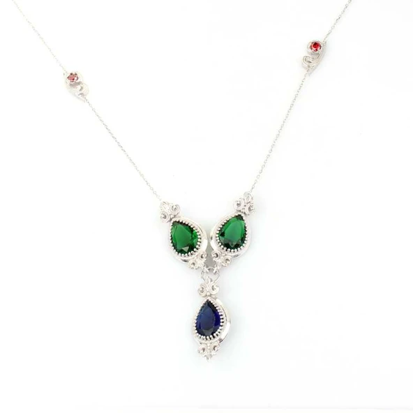 925 Ayar Gümüş Damla Zümrüt ve Safir Taşlı Y - Kolye - Resim 4