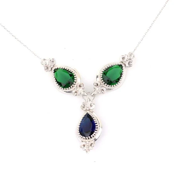 925 Ayar Gümüş Damla Zümrüt ve Safir Taşlı Y - Kolye - Resim 3