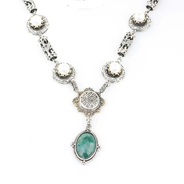 925 Ayar Gümüş  Zümrüt Taşlı Antik Bizans Kolye ürün görseli