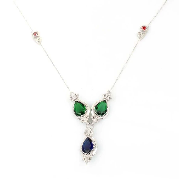 925 Ayar Gümüş Damla Zümrüt ve Safir Taşlı Y - Kolye - Resim 2
