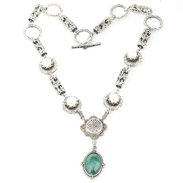 925 Ayar Gümüş  Zümrüt Taşlı Antik Bizans Kolye - Resim 2