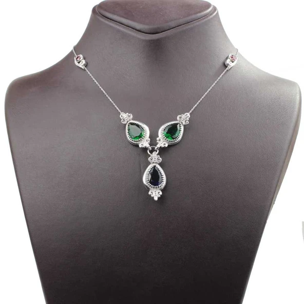 925 Ayar Gümüş Damla Zümrüt ve Safir Taşlı Y - Kolye - Resim 6