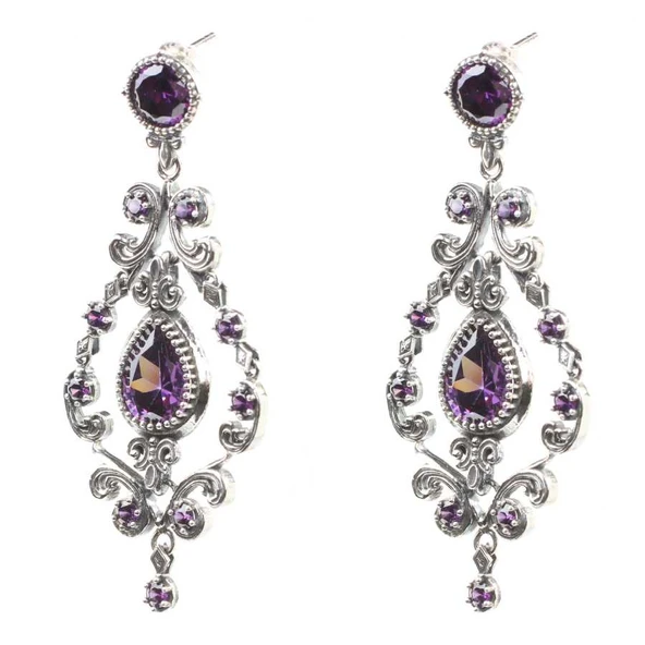 925 Ayar Gümüş Ametist Taşlı Antik Avize Küpe - Resim 2