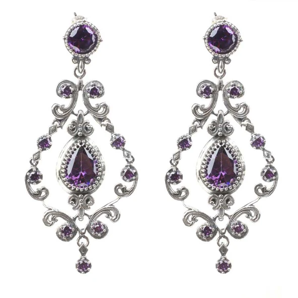 925 Ayar Gümüş Ametist Taşlı Antik Avize Küpe ürün görseli 1