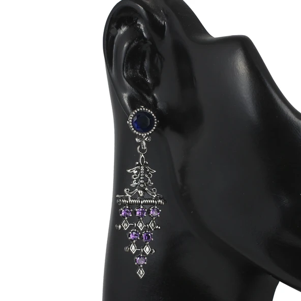 925 Ayar Gümüş Antik Ametist ve Safir Taşlı Avize Küpe - Resim 2