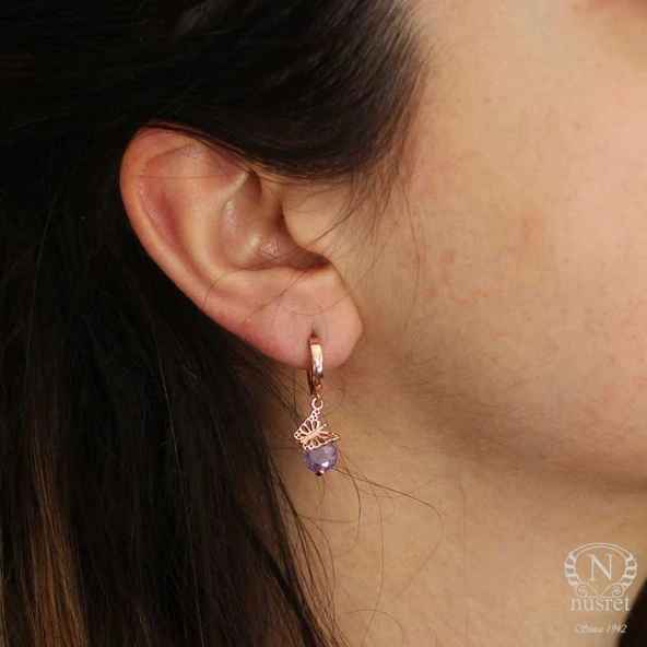 925 Ayar Gümüş Buzlu Ametist Taşlı Kelebek Küpe ürün görseli