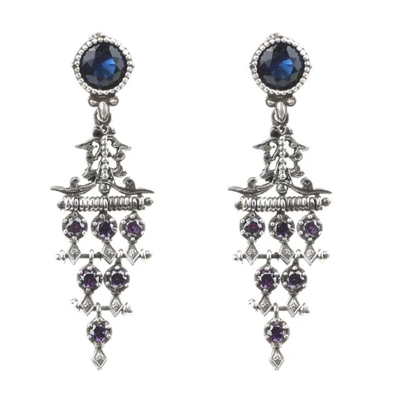 925 Ayar Gümüş Antik Ametist ve Safir Taşlı Avize Küpe - Resim 3