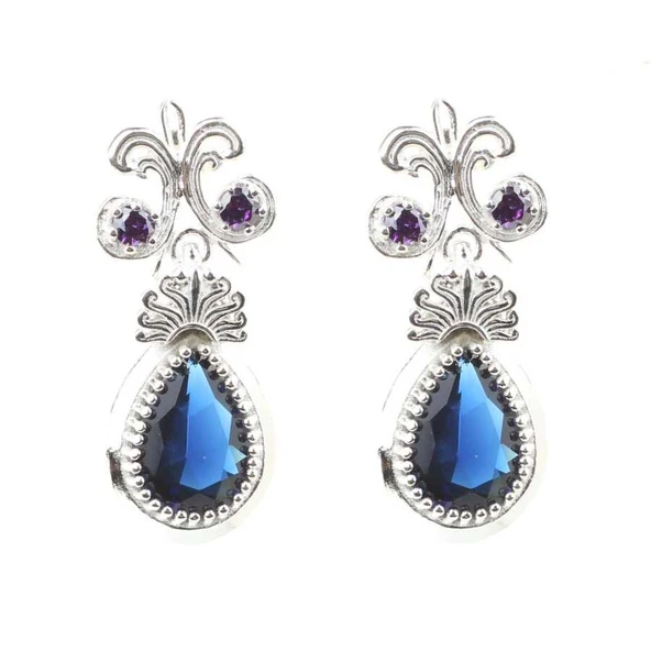 925 Ayar Gümüş Safir Taşlı Antik Küpe ürün görseli 1