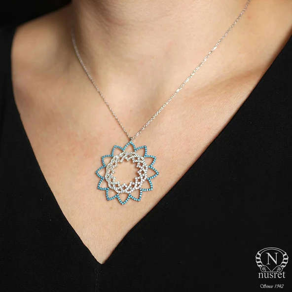 925 Ayar Gümüş Turkuaz Taşlı Güneş Kolye ürün görseli