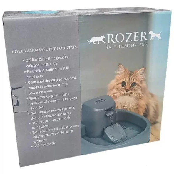 Rozer Aqusafe Otomatik Kedi Köpek Su Pınarı Su Çeşmesi Ultra Sessiz 2,5 Lt Su Şelalesi Kedi Pınarı XWWAS01MG-EU