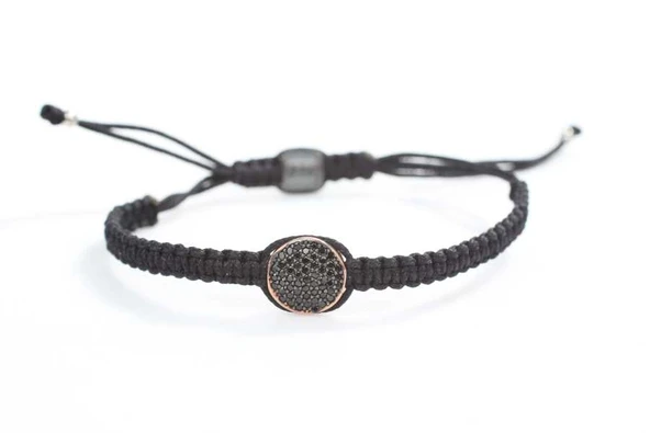 925 Ayar Gümüş Siyah ve Beyaz Zirkon Taşlı Çift Taraflı Siyah Örgü Bileklik - Resim 2