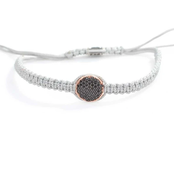 925 Ayar Gümüş Siyah ve Beyaz Zirkon Taşlı Çift Taraflı Gri Örgü Bileklik - Resim 3