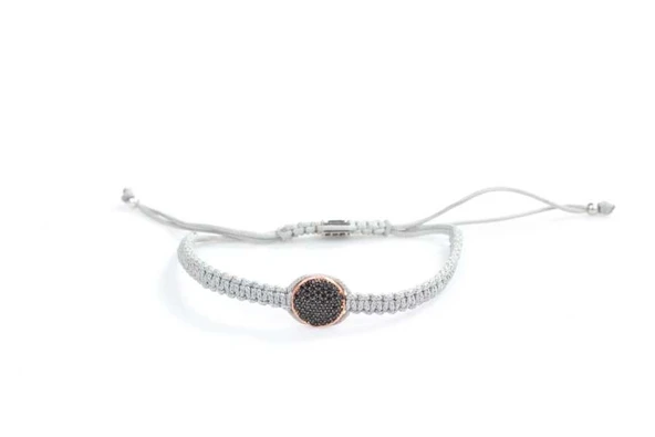 925 Ayar Gümüş Siyah ve Beyaz Zirkon Taşlı Çift Taraflı Gri Örgü Bileklik - Resim 4