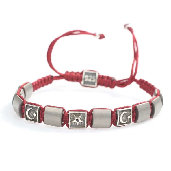 925 Ayar Gümüş Ay Yıldız ve Yıldız Desenli Hematit Taşlı İpli Bileklik - Resim 3