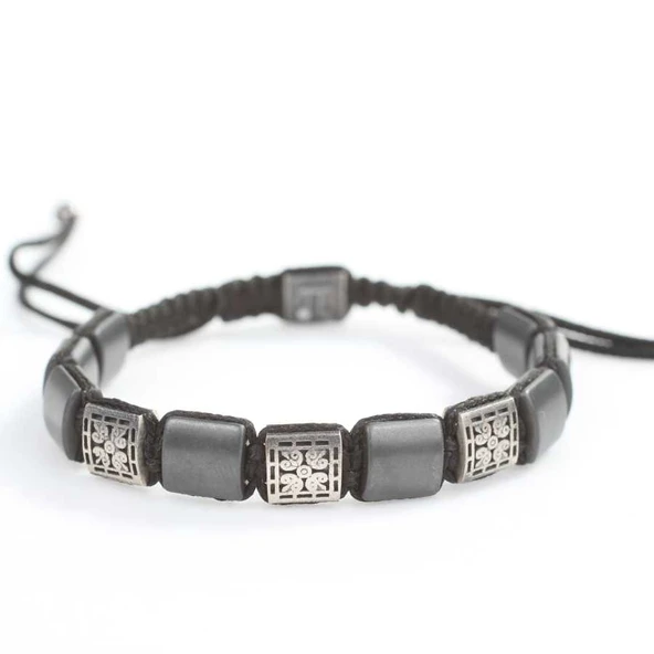 925 Ayar Gümüş Desenli ve Hematit Taşlı Siyah İpli Bileklik - Resim 2