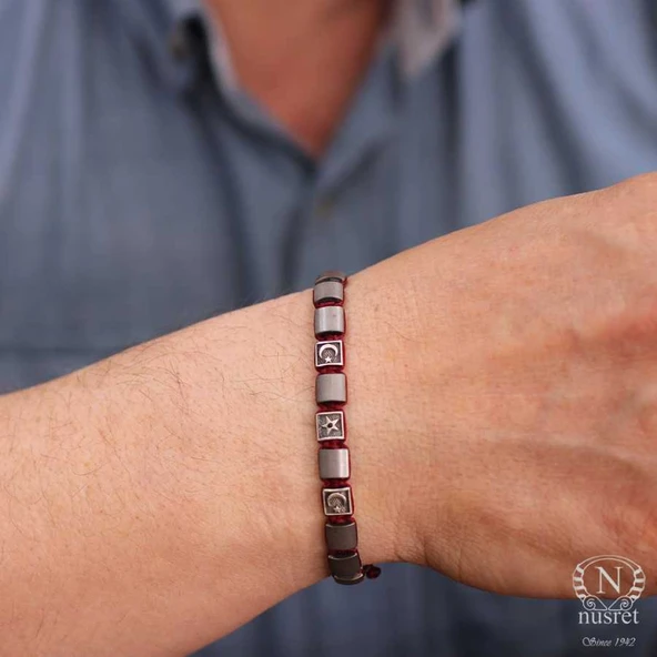 925 Ayar Gümüş Ay Yıldız ve Yıldız Desenli Hematit Taşlı İpli Bileklik ürün görseli