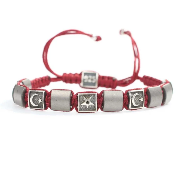 925 Ayar Gümüş Ay Yıldız ve Yıldız Desenli Hematit Taşlı İpli Bileklik - Resim 2