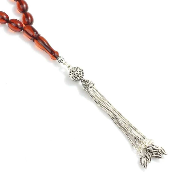 925 Ayar Gümüş Püsküllü Badem Şekilli Ateş Kehribarı Tesbih - Resim 4