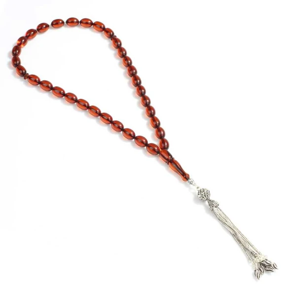 925 Ayar Gümüş Püsküllü Badem Şekilli Ateş Kehribarı Tesbih - Resim 3