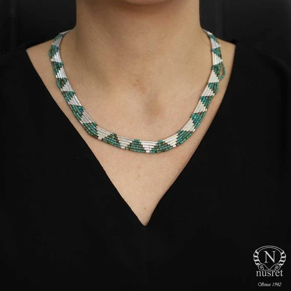 925 Ayar Gümüş Turkuaz Taşlı 5 sıra Özel Tasarım Kolye ürün görseli