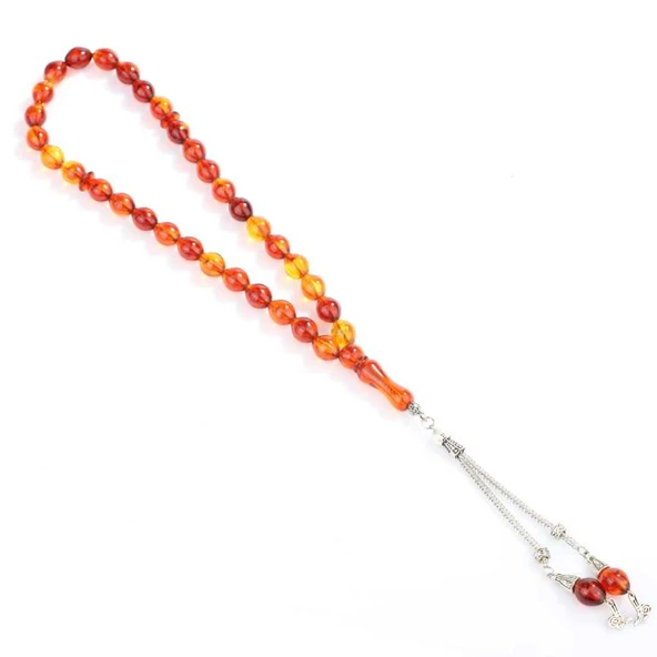 Badem Kesim Turuncu Renk Sıkma Kehribar Tesbih, Osmanlı Tuğrası Püskül - Resim 2